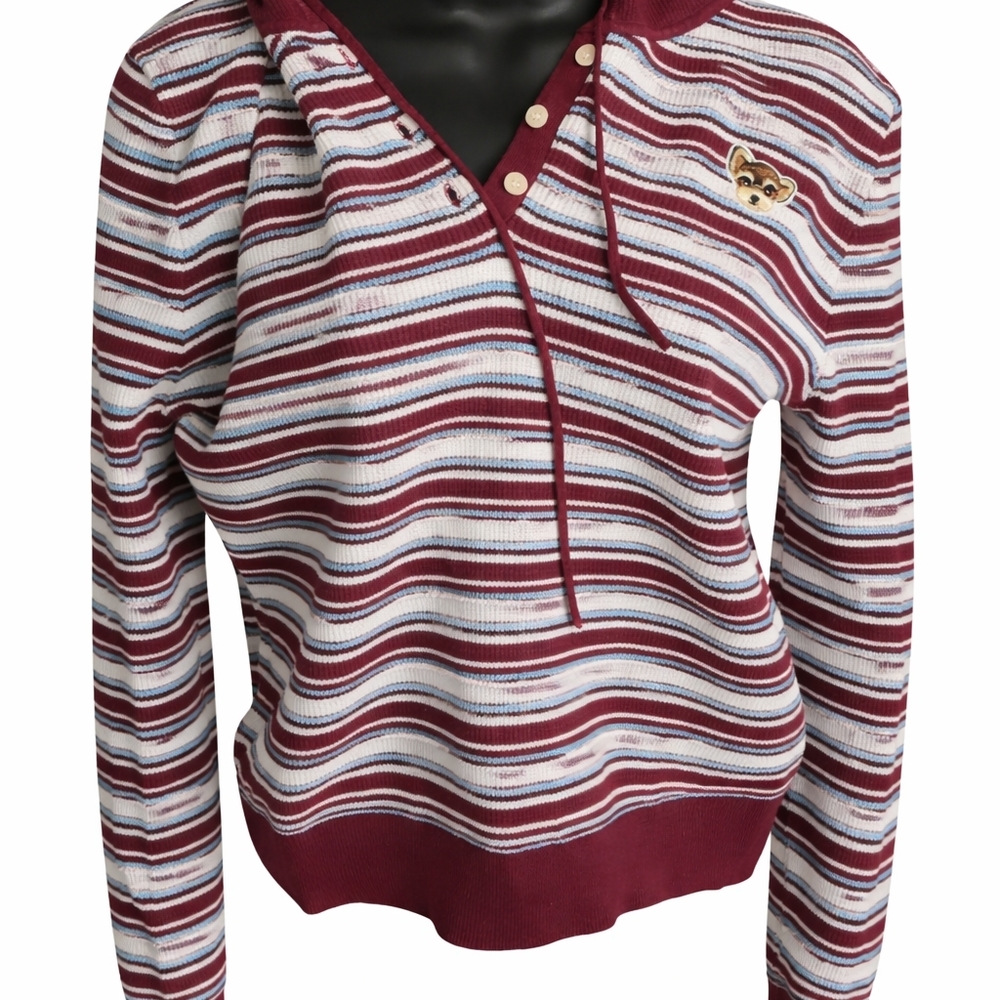 Seifini Striped Knit Hoodie Sweater Dog Patch Henley Womens Small